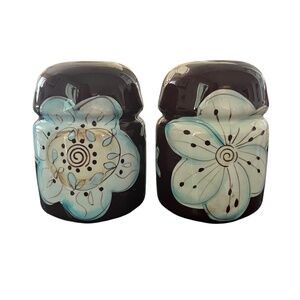 Pier 1 Cassidy Brown Blue Floral Boho Large Salt & Pepper Shaker Set 4.25" Tall